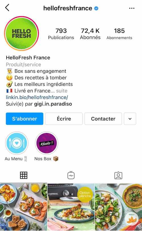 Un exemple de story à la Une Instagram par le compte HelloFresh