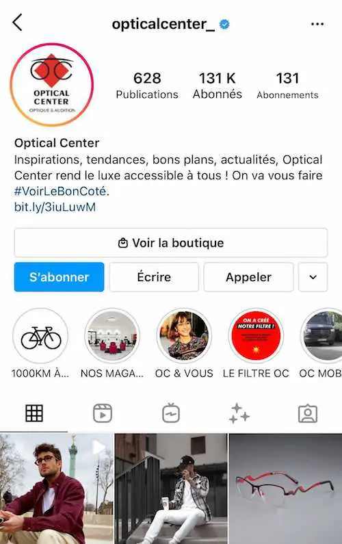 La bio Instagram du compte d'Optical Center