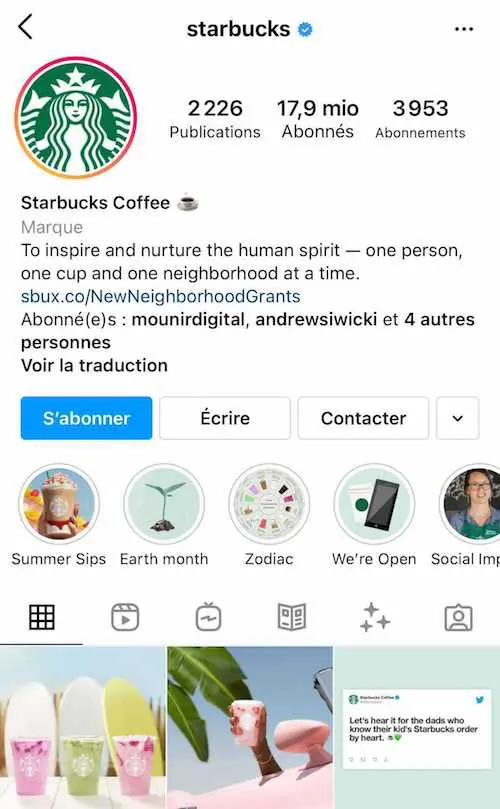 La bio Instagram de Starbucks reprend la mission de l'entreprise