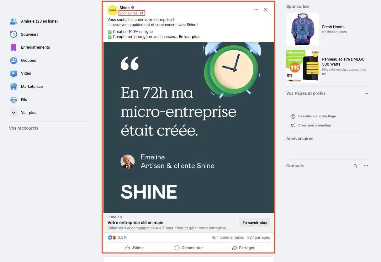 exemple d'insertion des pubs sur facebook 